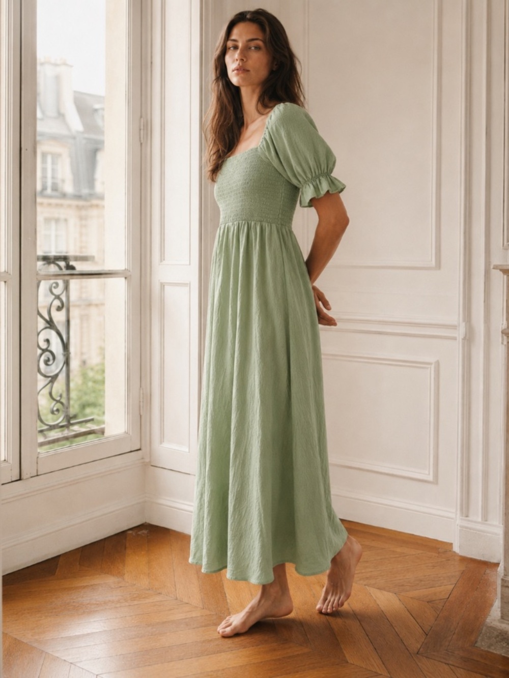 Altar’d State Sage Green Smocked Midi Dress Puff Sleeve Square Neck Size S - Picture 2 of 8